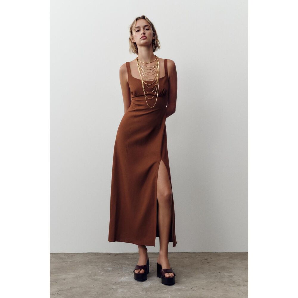 ZARA Linen Midi Dress with Front Slit – Terracotta – Size S